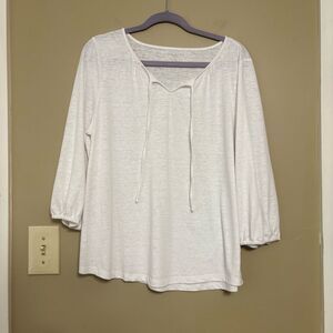 Talbots Women’s White Linen Blend 3/4 Sleeve Notch Neckline Tassel Petite XL XLP